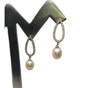 STERLING silver 925 cultured freshwater pearls earrings with pave CZ statement